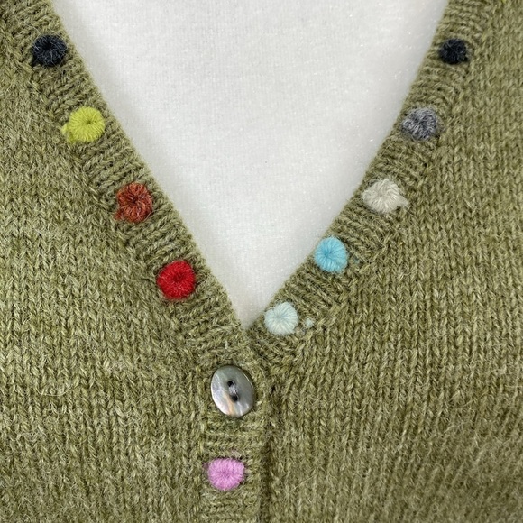 Vintage Carroll Reed Large Green Button Front Wool Cardigan w/ Yarn Pom Details. - Picture 4 of 6